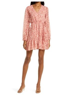 Chelsea 28 Pink White Floral Faux Wrap Long Sleeve Feminine Chiffon Dress Medium